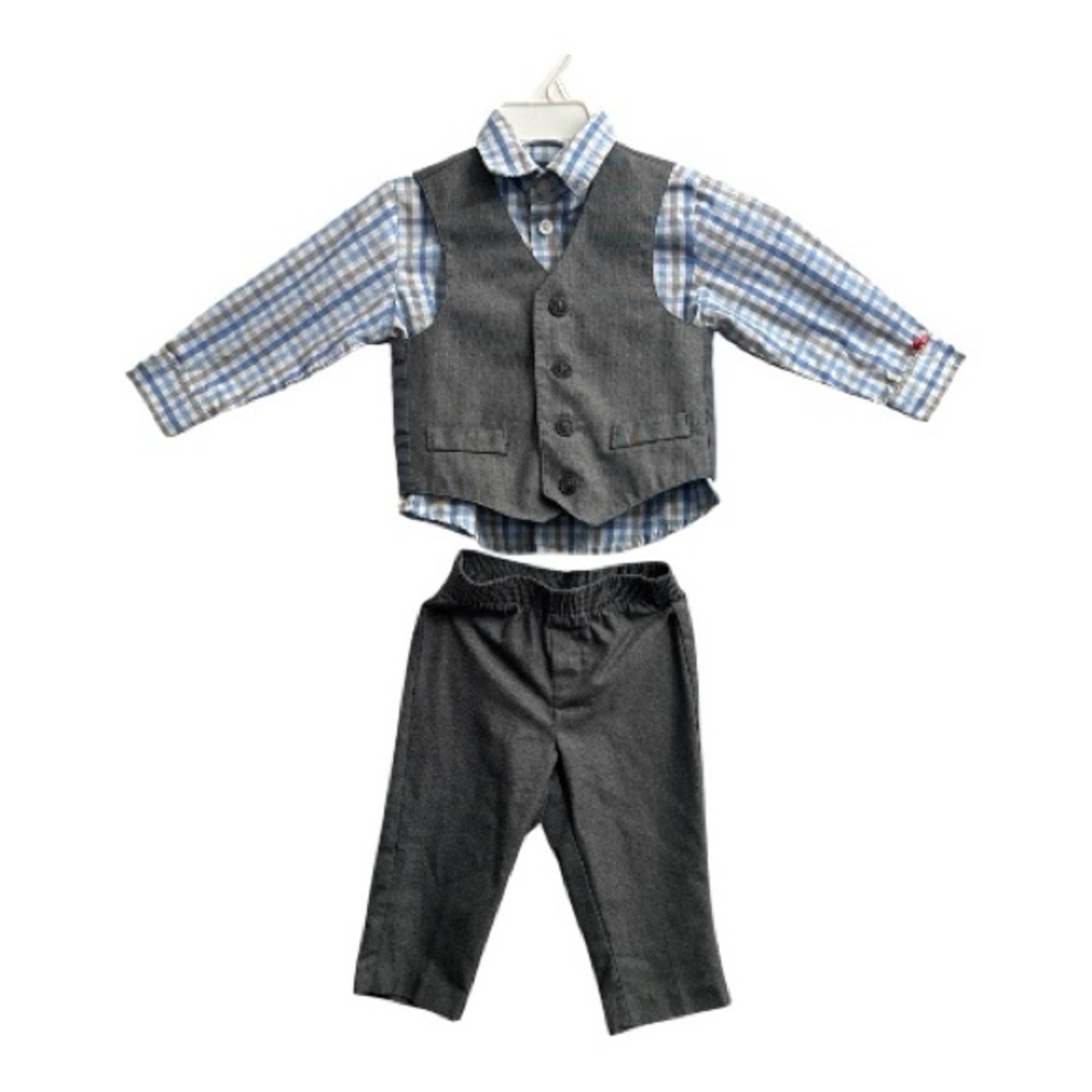 Boys Grey Vest & Plaid Shirt Set - Formal Kids Outfit size 12 months